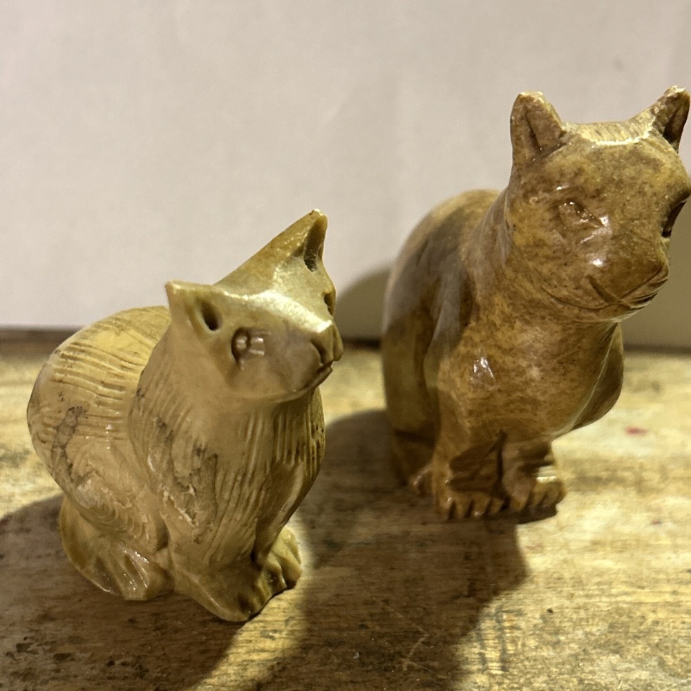 Vintage Cats Carved Stone Figurine Soapstone Animals Trinkets Lot‎ Of 2